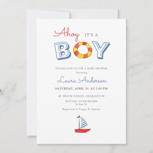可愛いヨットと「Ahoy It's a Boy」ボーイベイビーシャワー 招待状 (正面)