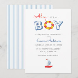 可愛いヨットと「Ahoy It's a Boy」ボーイベイビーシャワー 招待状