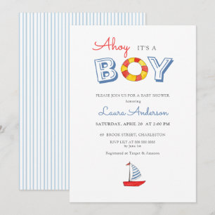 可愛いヨットと「Ahoy It's a Boy」ボーイベイビーシャワー 招待状