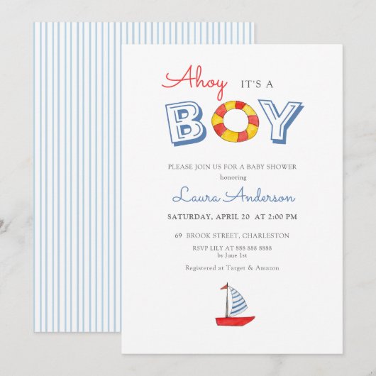 可愛いヨットと「Ahoy It's a Boy」ボーイベイビーシャワー 招待状 (正面/裏面)