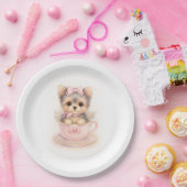 可愛いヨーキーティーカップの誕生日紙皿 ペーパープレート (パーティー)