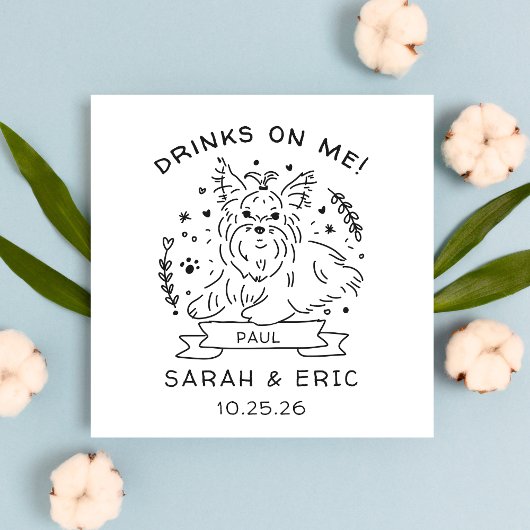 可愛いヨークシャーのテリア犬のウェディングドリンク スタンダードカクテルナプキン