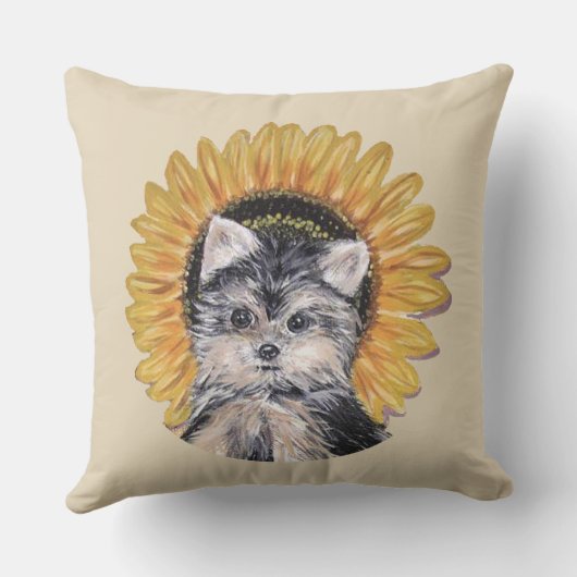 可愛いヨークシャーテリアドッグ&サンフラワーオンベージュ クッション (裏面)