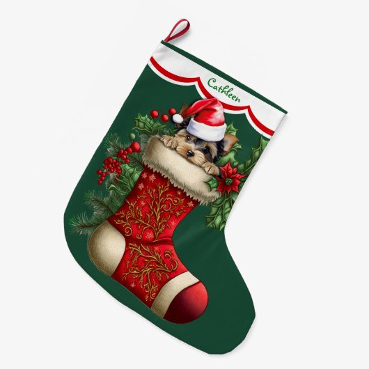 可愛いヨークシャーテリア犬のぞき ラージクリスマスストッキング (正面 (吊り時))