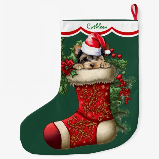 可愛いヨークシャーテリア犬のぞき ラージクリスマスストッキング (裏面)