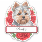 可愛いヨークシャー&赤いバラのまわりに、カスタムレーベル シール (正面)