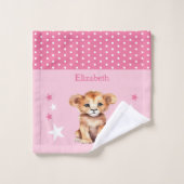 可愛いライオンの名前を追加水玉模様星ピンク ウォッシュタオル (ウォッシュタオル)