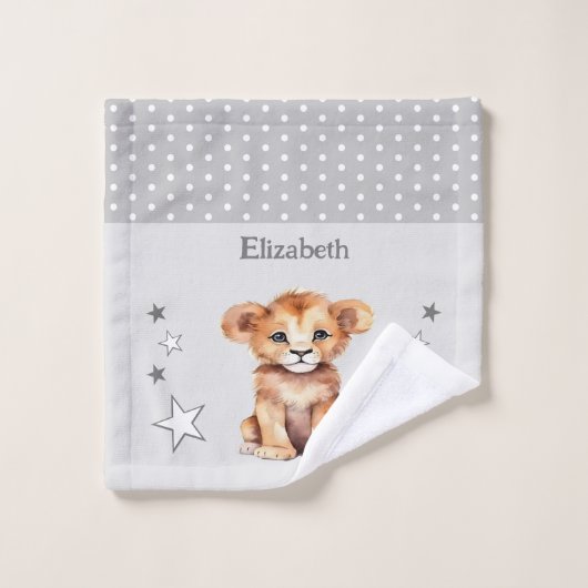 可愛いライオンの名前を追加水玉模様星灰色 ウォッシュタオル (ウォッシュタオル)