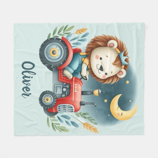 可愛いライオンの子赤トラクターで夜 フリースブランケット (正面(横))