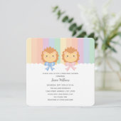 可愛いライオンカブスツイン男の赤ちゃんとガールベイビーシャワー 招待状 (スタンド正面)