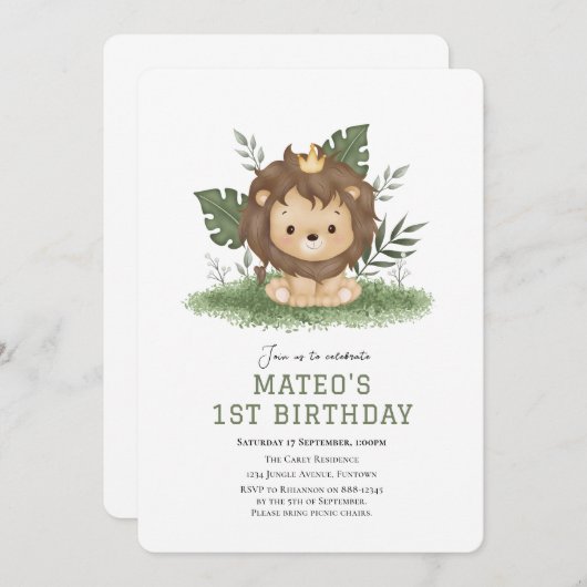 可愛いライオンサファリ動物の誕生日の招待状 招待状 (正面/裏面)