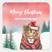 可愛いライオンサファリ野生のサンタクリスマスパーティーの子供 スクエアシール (正面)