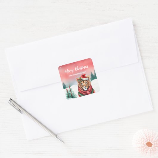 可愛いライオンサファリ野生のサンタクリスマスパーティーの子供 スクエアシール (封筒)