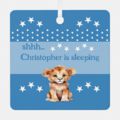 可愛いライオンshhh名前を付けて青く眠っている メタルオーナメント (正面)