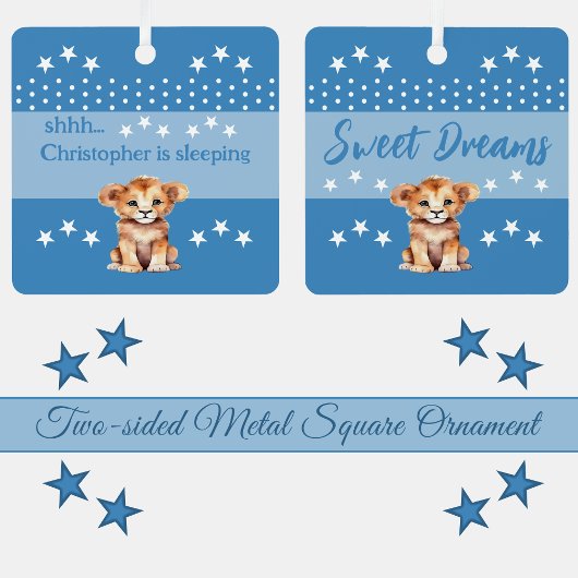 可愛いライオンshhh名前を付けて青く眠っている メタルオーナメント