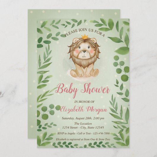 可愛いライオ葉ンズ、ブルードット赤ちゃんシャワー 招待状 (正面/裏面)