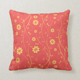可愛いライトイエロー&サンゴ繊細な花柄 クッション