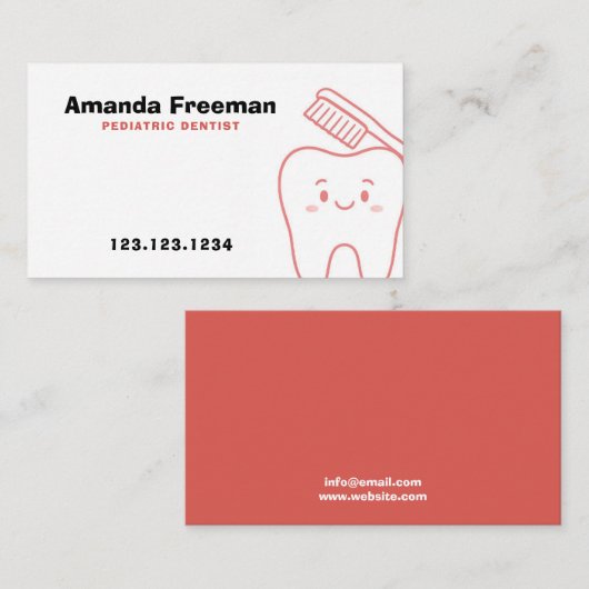 可愛いライトレッド歯&ブラシのアウトライン子供たち歯科医 予約カード (正面/裏面)