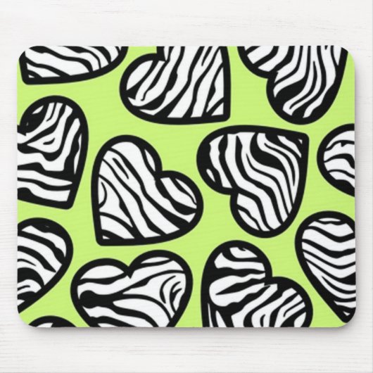 可愛いライムグリーン白黒ゼブラパターンハート マウスパッド (正面)