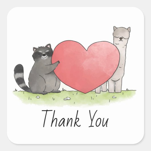 可愛いラクーンとラマSq1uareありがとう スクエアシール (正面)