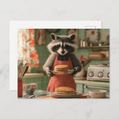 可愛いラクーンシェフレトロキッチンサービングパンケーキ シーズンポストカード (正面/裏面)