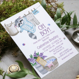 可愛いラクーン洗う日男の子の水色ベビーシャワー 招待状