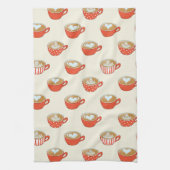 可愛いラテアートinレッドコーヒーマグスパターン キッチンタオル (縦)
