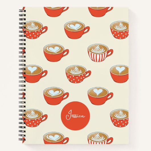 可愛いラテアートinレッドコーヒーマグスパターン ノートブック (正面)