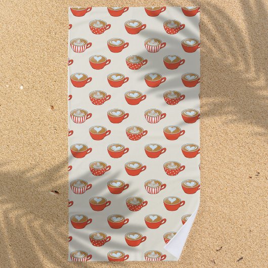 可愛いラテアートinレッドコーヒーマグスパターン ビーチタオル