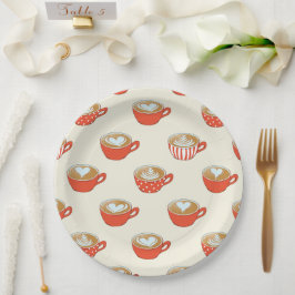 可愛いラテアートinレッドコーヒーマグスパターン ペーパープレート