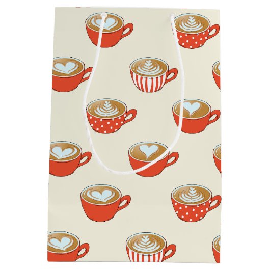 可愛いラテアートinレッドコーヒーマグスパターン ミディアムペーパーバッグ (裏面)