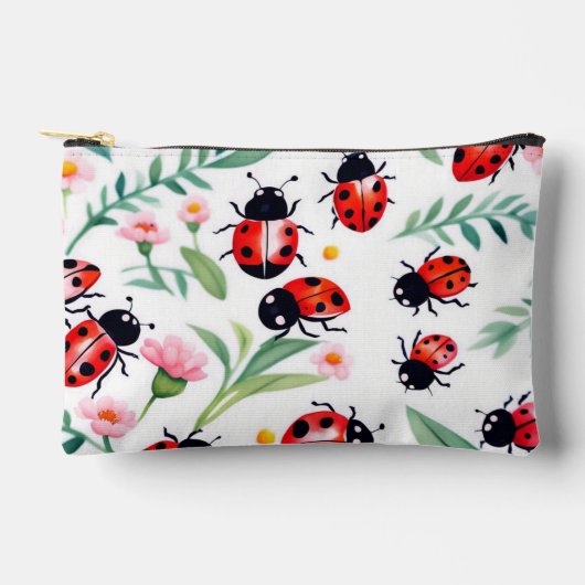 可愛いラディバグと花の模様は白 アクセサリーポーチ (正面)