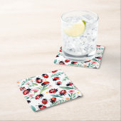 可愛いラディバグと花の模様は白 スクエアペーパーコースター (インサイチュ)