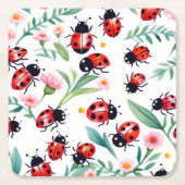 可愛いラディバグと花の模様は白 スクエアペーパーコースター (正面)