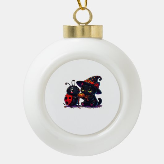 可愛いラディバグと黒猫ハロウィンクラシックのT士 セラミックボールオーナメント (正面)
