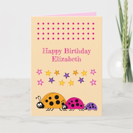 可愛いラディバグ名星ピンク子供の誕生日 カード (正面)