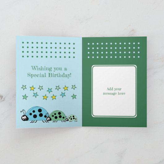 可愛いラディバグ名星ブルー子供の誕生日 カード (内部)
