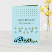 可愛いラディバグ名星ブルー子供の誕生日 カード (黄色い花)