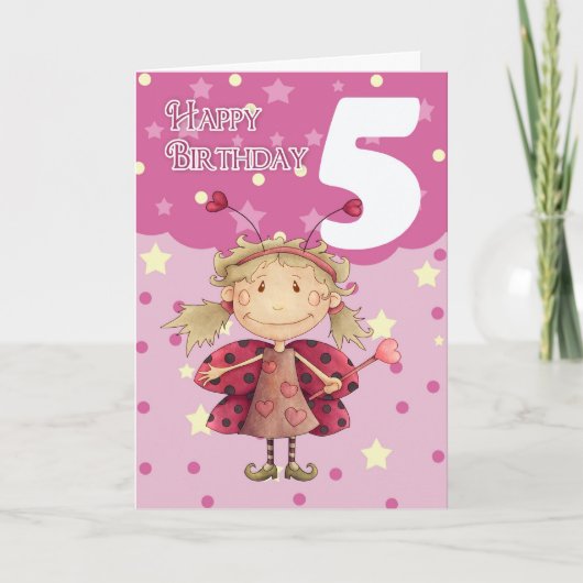 可愛いラディバグ妖精と5歳の誕生日カード カード (正面)