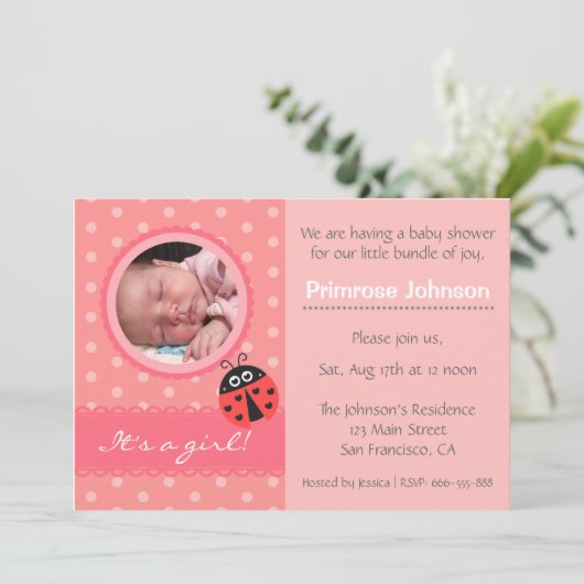 可愛いラディバグ水玉模様ベビーガールシャワー写真 招待状 (スタンド正面)