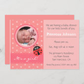 可愛いラディバグ水玉模様ベビーガールシャワー写真 招待状 (正面/裏面)