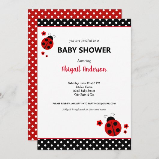 可愛いラディバグ水玉模様ベビーシャワー 招待状 (正面/裏面)