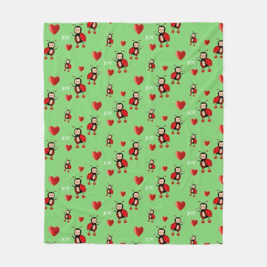 可愛いラディバグ、ハートとライトグリーン上の喜び文字 フリースブランケット (正面)