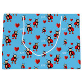 可愛いラディバグ、ハートとライトブルーの喜び文字 ラージペーパーバッグ (正面)