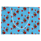 可愛いラディバグ、ハートとライトブルーの喜び文字 ラージペーパーバッグ (裏面)