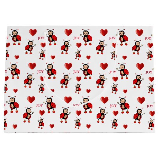 可愛いラディバグ、ハートと白の喜び文字 ラージペーパーバッグ (正面)