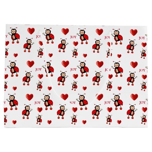 可愛いラディバグ、ハートと白の喜び文字 ラージペーパーバッグ (裏面)
