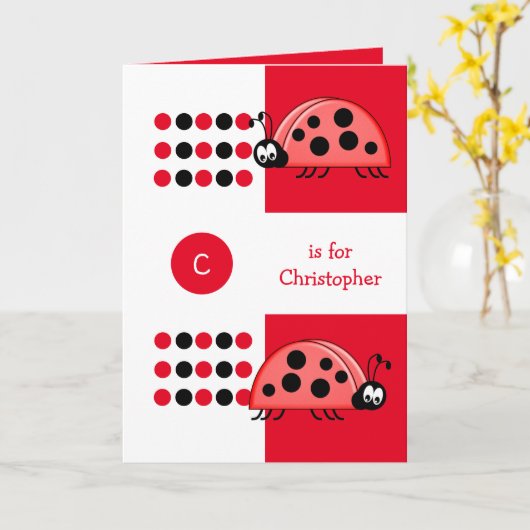 可愛いラディバード赤い黒子供の誕生日 カード (黄色い花)