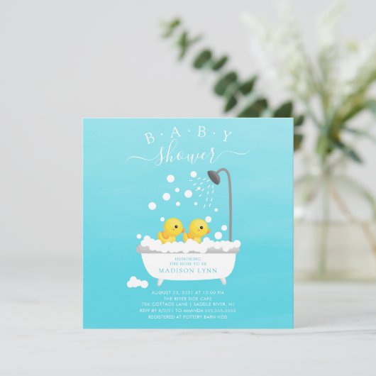 可愛いラバーアヒル双子ベビーシャワー 招待状 (スタンド正面)