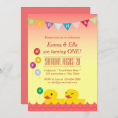 可愛いラバーダックツインガールズバースデーパーティー 招待状 (正面/裏面)